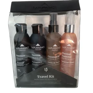 Mini kit nutritivo Lapuissance, shampo argan 100ml, tratamiento argan 100ml, crema de peinar coconut 100ml, prot. term.100ml